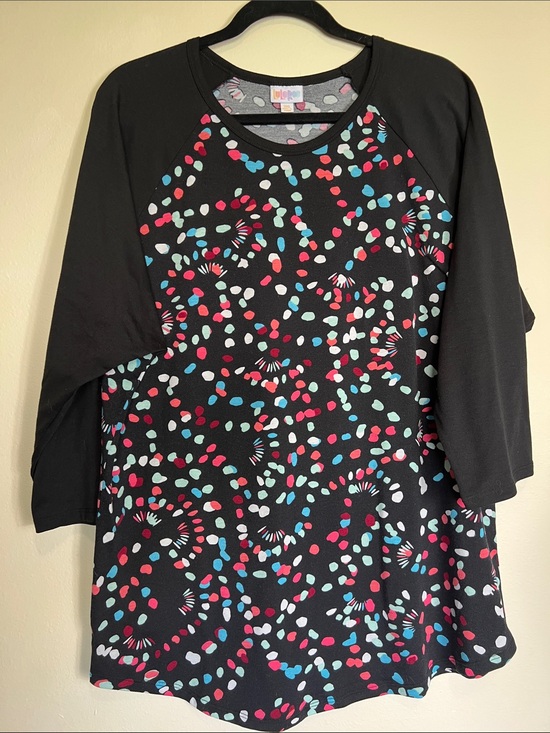 LuLaRoe Tops - LuLaRoe Black Raglan Tunic with Pink, Teal, White Dot Burst Print